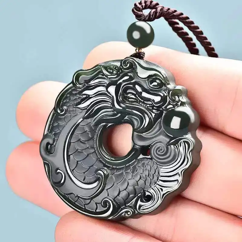 Xinjiang Hetian jade fish into dragon pendant men's tower green fine arowana necklace safe buckle women's jade fish jade pendant