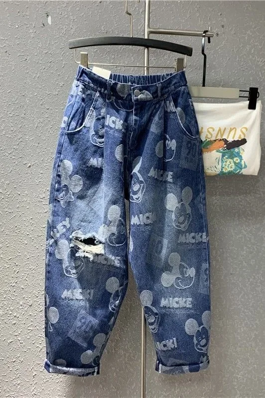 Celana Jeans Robek Mickey Kartun Disney Celana Harem Pelangsing Longgar Baru Musim Semi Musim Panas Wanita Pakaian Jalanan Wanita Pakaian Fashion Korea