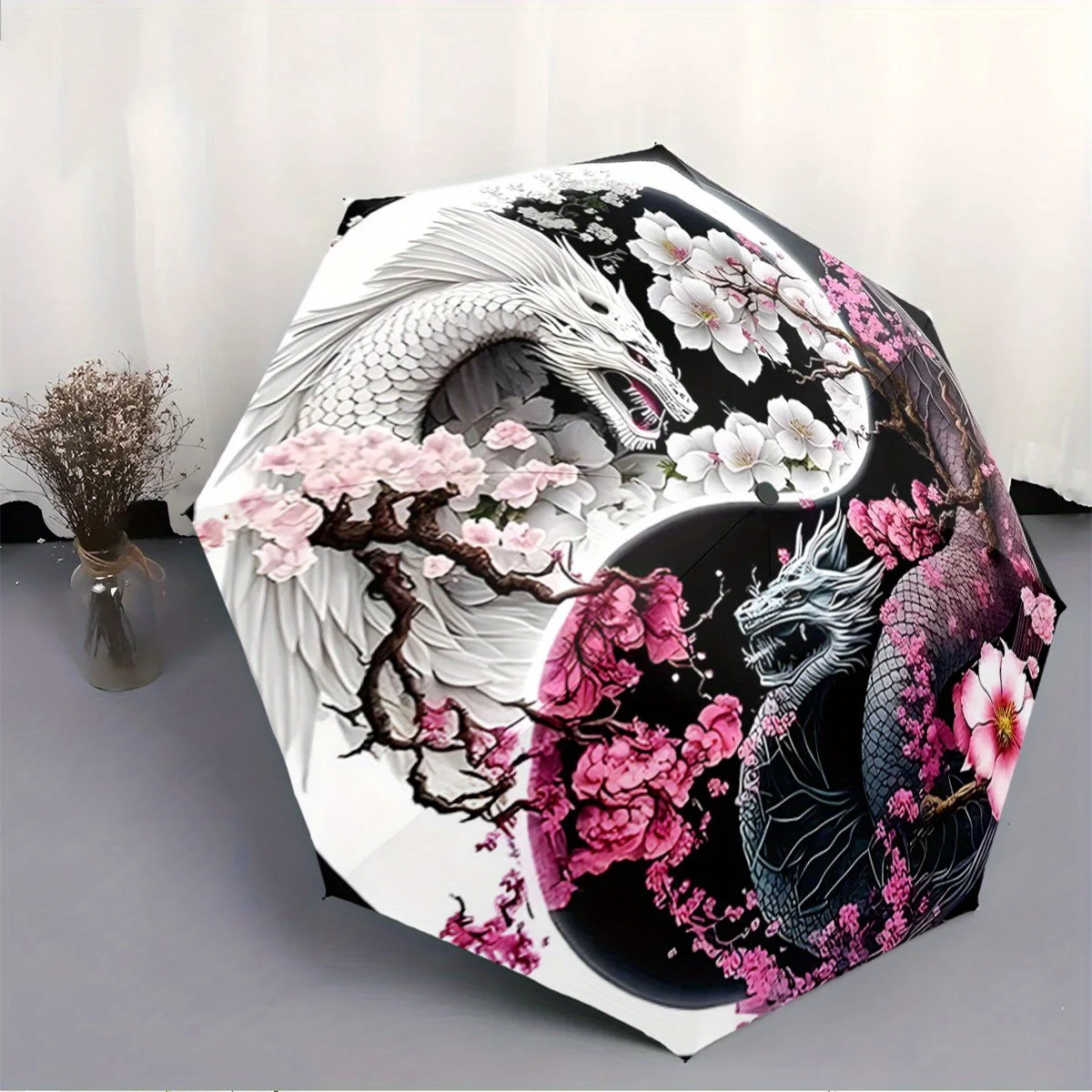 

Automatic Open/Close Japanese Yin-Yang Dragon & Cherry Blossom Umbrella - Black & White Folding Umbrella with 8-Rib Windproof