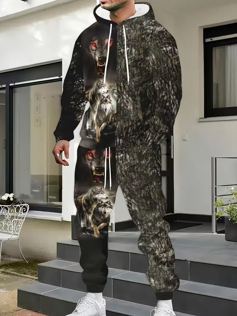 

Зима-Осень, комплект из толстовки и брюк с 3D принтом животных, спортивный костюм, мужская одежда, костюм большого размера, уличная одежда, комплект для бега