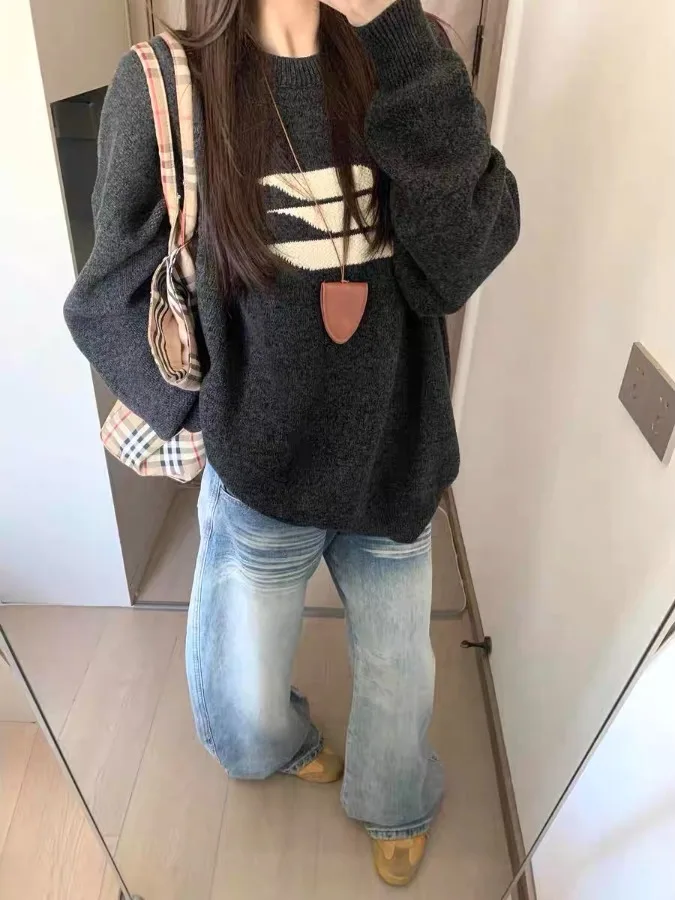 Sweter damski dzianinowy luźny wkładany przez głowę miękki wygodny elegancki styl koreański długi okrągły dekolt