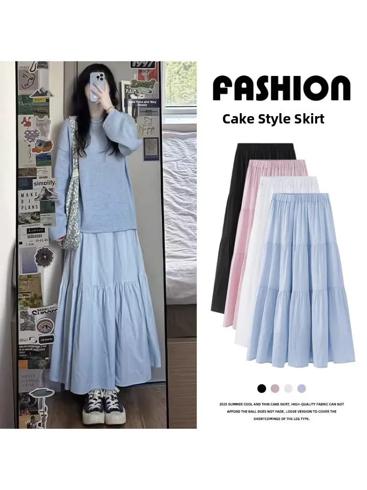 

plus Size Blue High Waist A-Line Midi Skirt Women Summer Slimming Fluffy Skirt Casual Shape Pear Shape Sandglass Shape