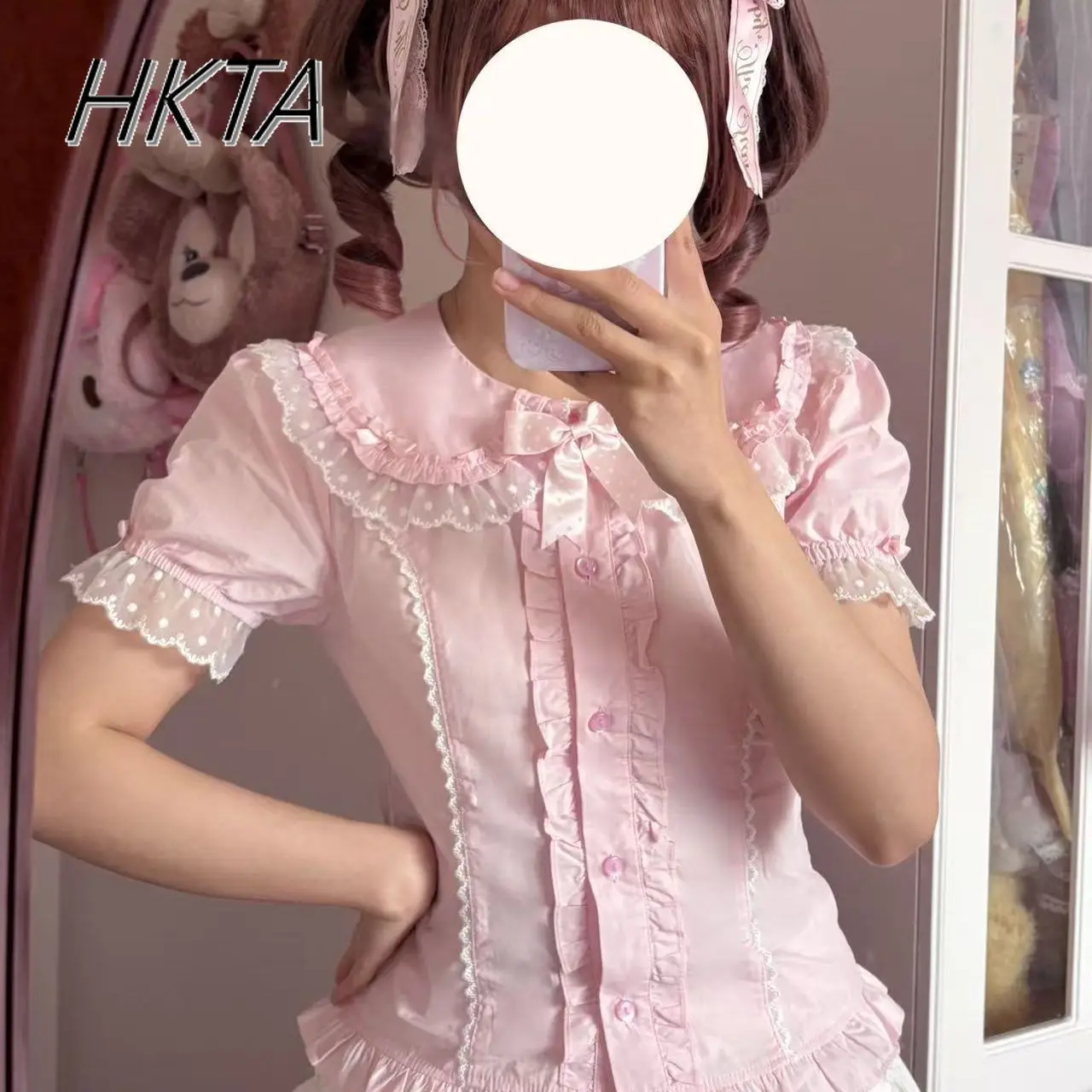 Sweet Cute Bubble Short Sleeve Doll Collar Lolita Versatile Blouse Women Top Kawaii Bow Pleated Pink Blusas Inside Tops Female