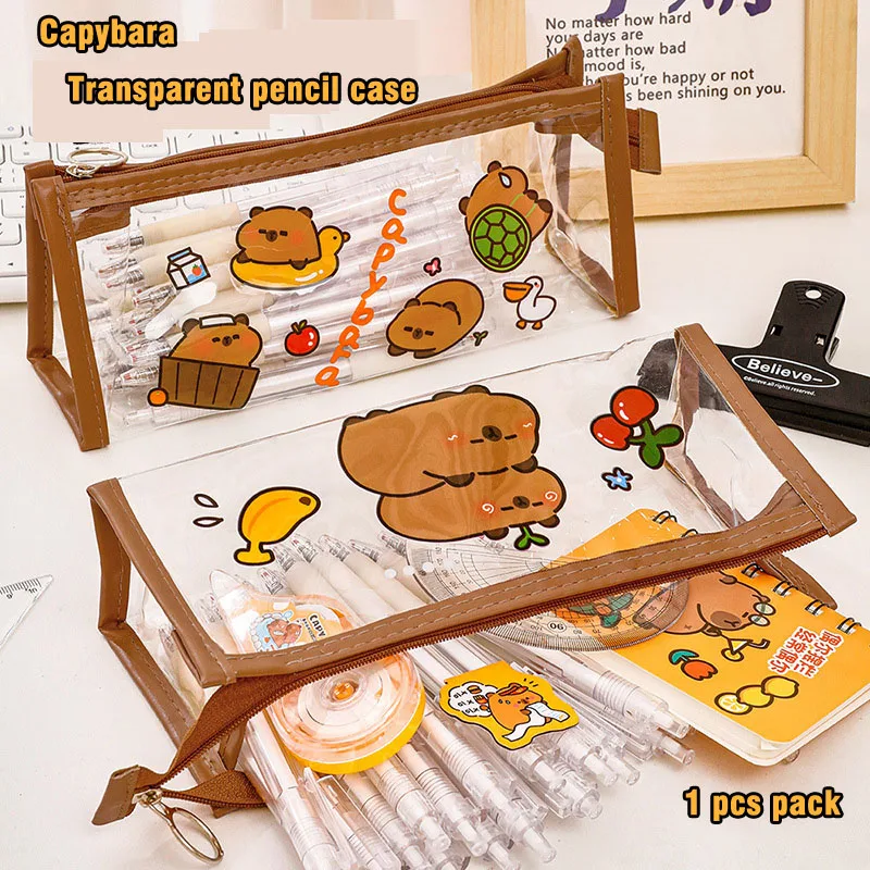 

1 PCS Capybara Transparent Large Capacity Pencil Bag Aesthetic Kawaii Stationery Bag Children Pen Case Students School Supplies