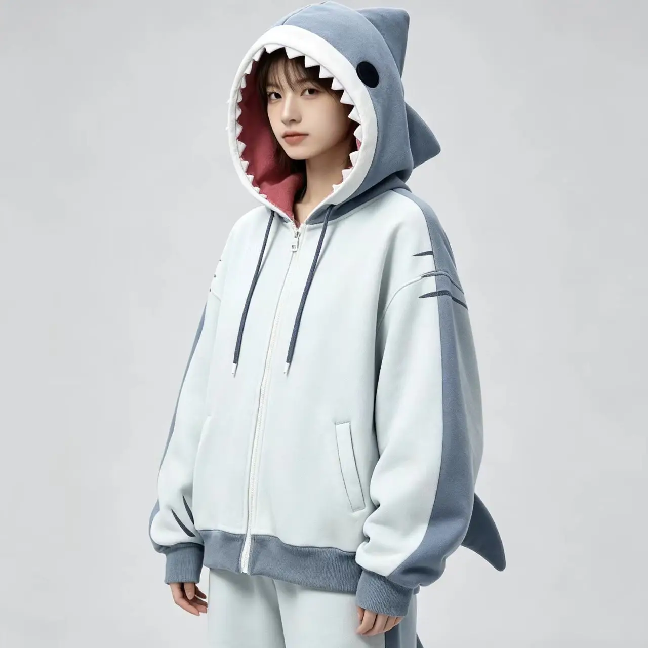Japanese Niche Anime Three-Dimensional Shark Shape Hooded Sweater For Women With Bow Loose Casual Zipper Hooded Sweatshirt