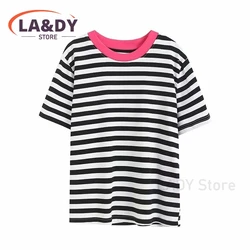 Short Sleeve T-Shirt Women 2024 Fashion Striped Round Neck Female Solid Color Casual Versatile High Quality Tees Tops