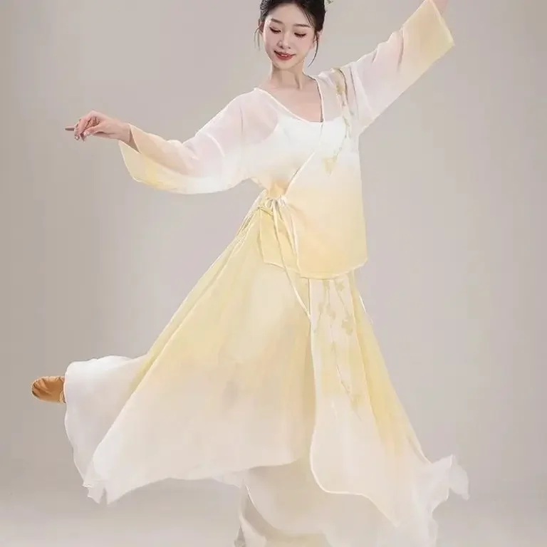 Новый классический танцевальный костюм, новое газовое платье с градиентным принтом в китайском стиле, элегантная большая распашная юбка, китайский танец,