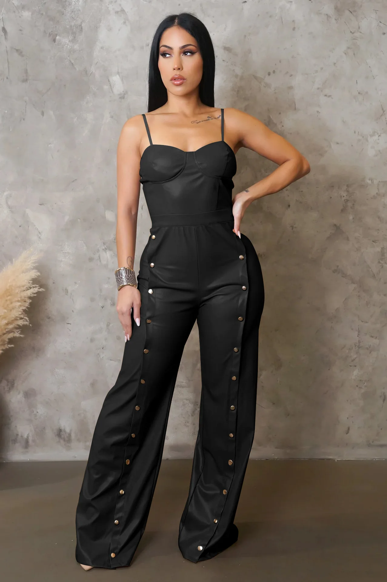 EINY Women's Sleeveless PU Leather Wide Leg Jumpsuit with Button Slim Fit Solid Color Loose Straight-Leg Party Romper for Women