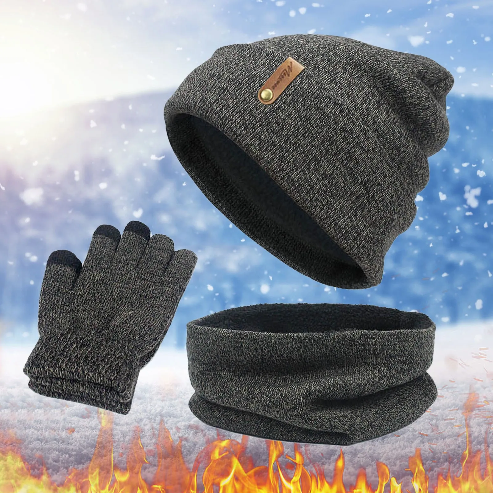 Unisex Beanies Hat Ring Scarf Gloves Set Winter Knitted Thick Warm Cap Women Men Solid Retro Beanie Hat Soft Touch Screen Gloves