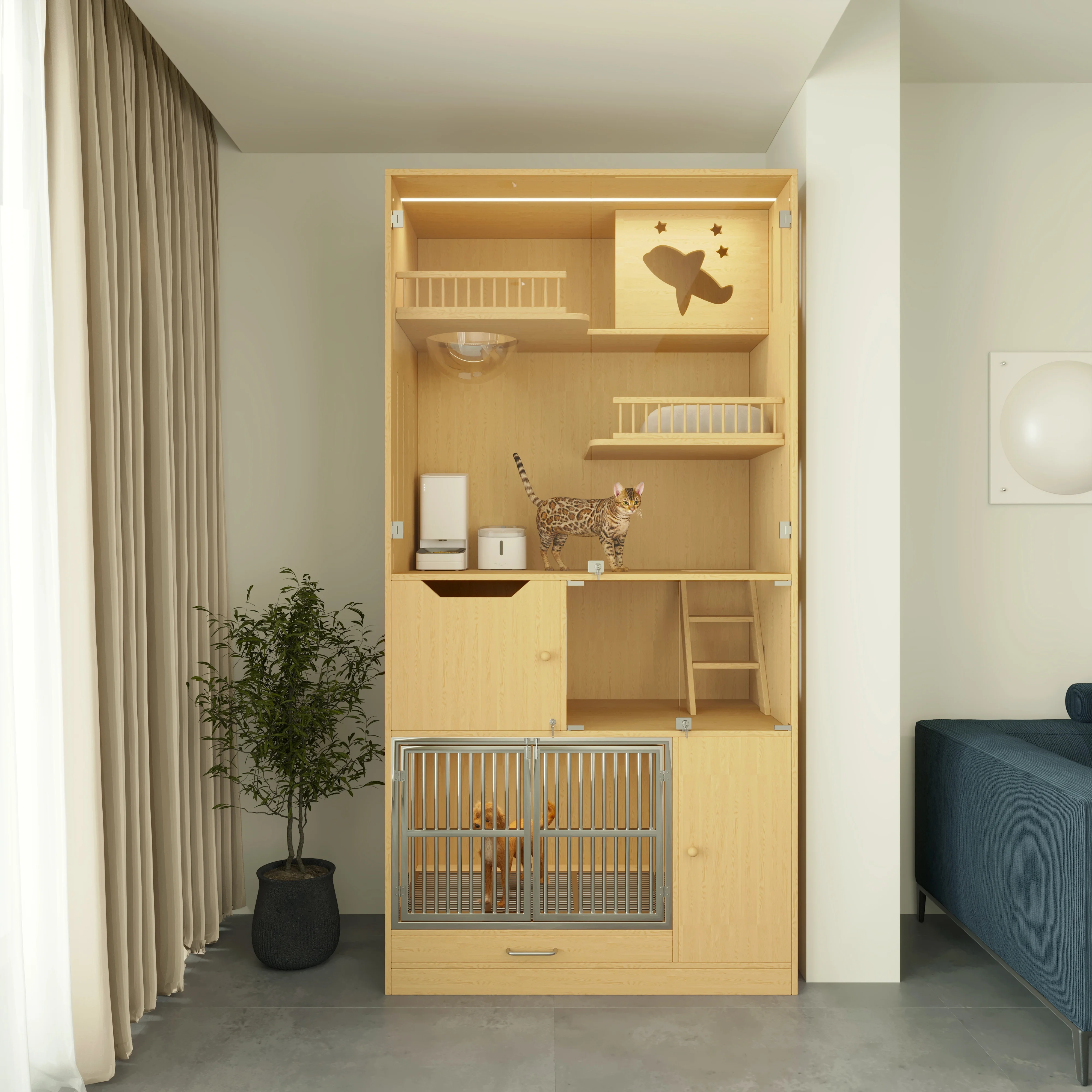 

Прочная многоярусная деревянная вилла для кошек со стеклянными панелями и встроенным лотком