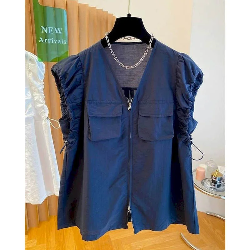 Stylish Vests Chiffon V-neck Loose Casual Workwear Sleeveless Crop Tops Zipper Design Shirts 2026 Summer Sale Women Clothing