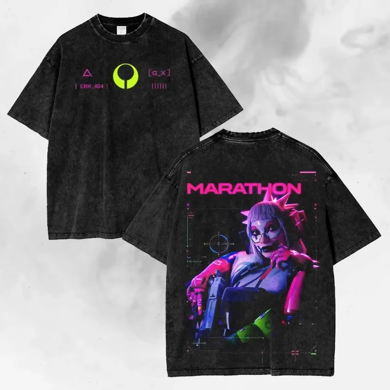 Vintage Wash Neon Cyber Runner Soldier Graphic T-Shirt, Futuristic Sci-Fi Shooter Armor Tee Women and Man T-Shirt Washed T-shirt