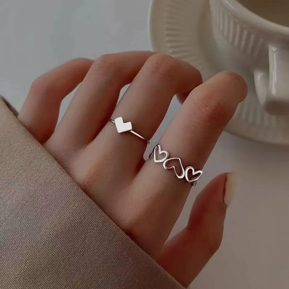 2Pcs/Set Sweet Cool Silver Color Rings for Women Girl Korea Elegant Simple Smooth LOVE Heart Ring Fashion Jewelry Accessories