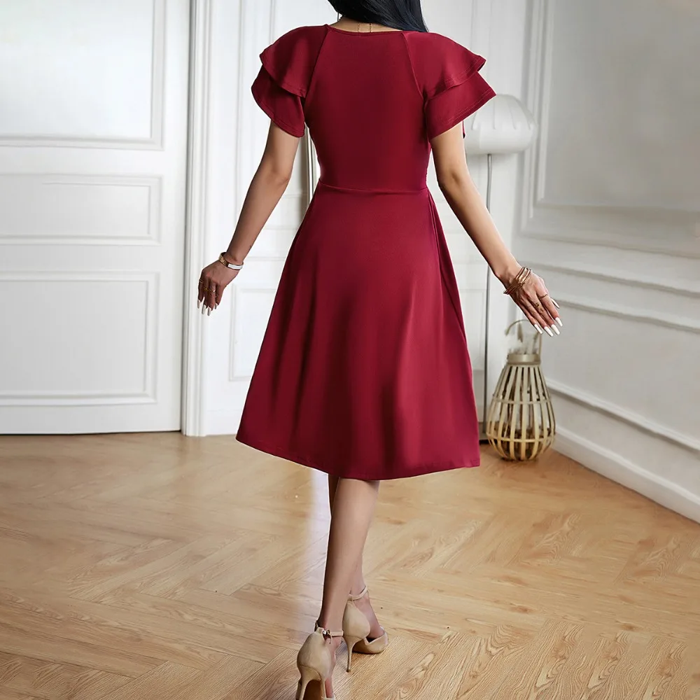 Elegant V-neck Petal Sleeve Dress for Women Summer Burgundy Mid-length Dress Solid Color High Waist Party Dresses/Vestidos