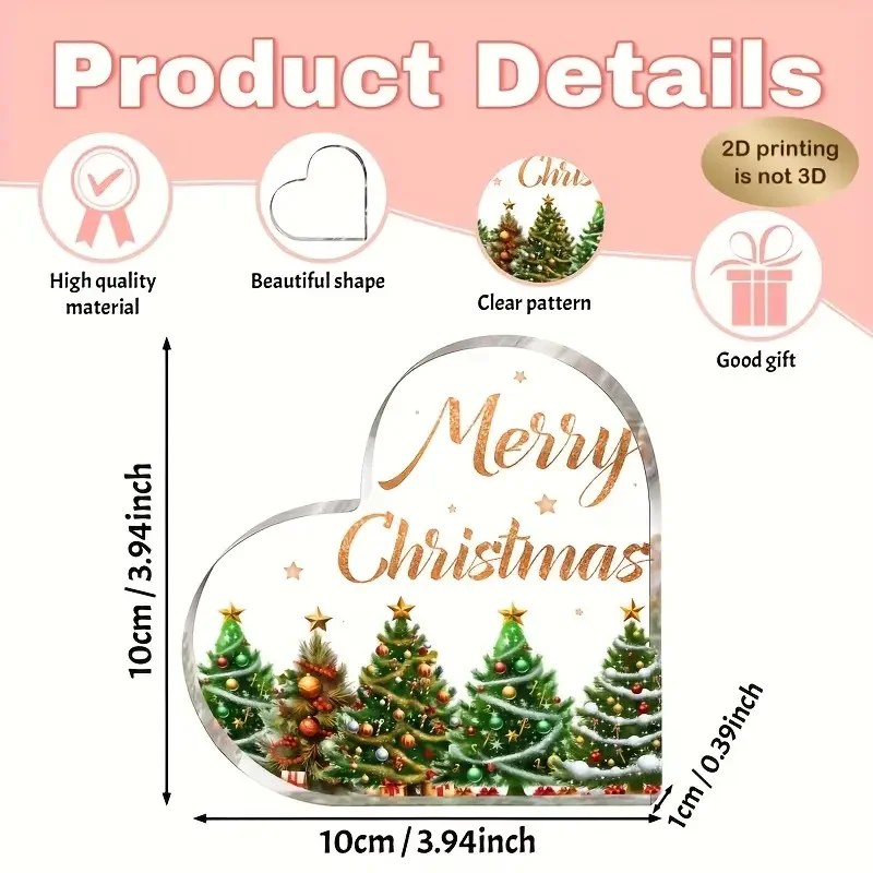 Heart Shaped Acrylic Plaque Merry Christmas Pine Tree Home Tabletop Decor Christmas Gift
