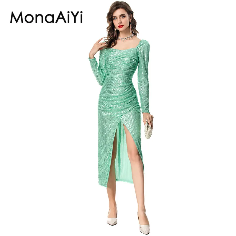 

MonaAiYi Fashion Design Autumn Women's Dress Square-Neck Long-Sleeved Sequins Slim Elegant Gorgeous Evening Dresses