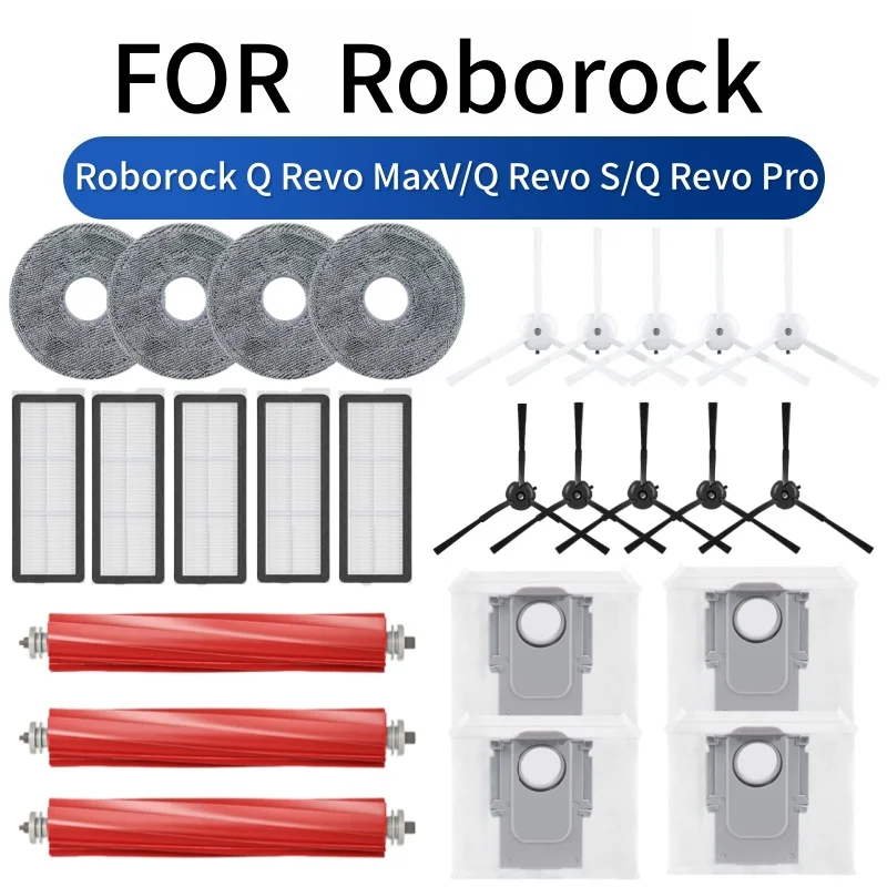 Acessórios para Roborock Q Revo MaxV/Q Revo S/Q Revo Pro Robot Aspirador: Escova Principal, Escova Lateral, Filtro HEPA, Pano de Limpeza, Saco de Pó