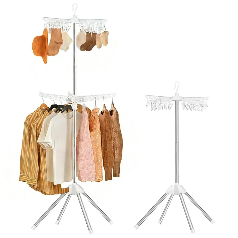 

Free ShippingFoldable Clothes Drying Rack - 2 Tier Laundry Drying Rack, Portable Clothing Rack with Rotating Clothes Rail with 2