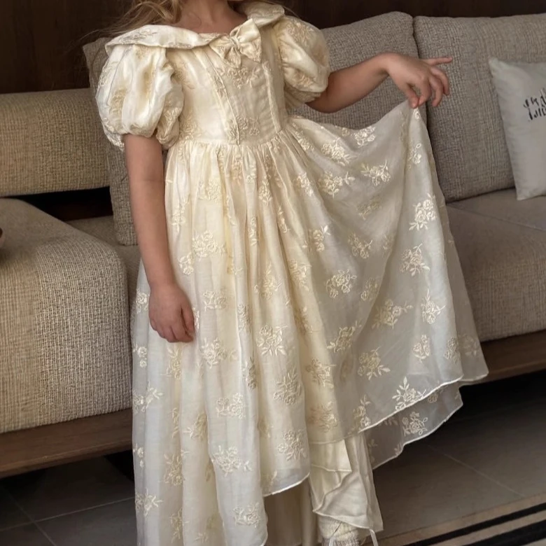 

Girls Skirt 2026 Spring/summer New Childrens Clothes Girls Baby Fashion Mori Princess Embroidery Bow Bubble Sleeve Dress