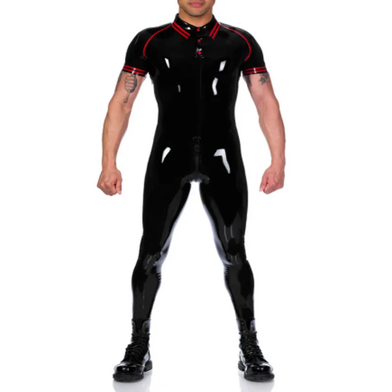 

Black with Red Strips Latex Gummi Rubber Man Tight Bodysuit Latex Uniforms Rubber Fashion Catsuit