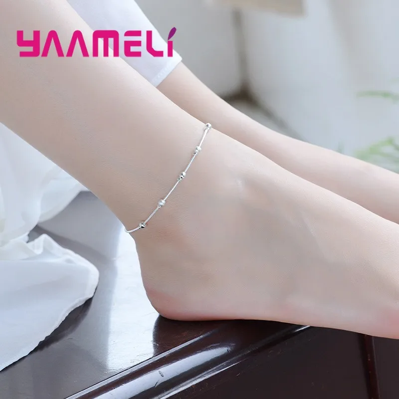 Authentic 925 Sterling Silver Smooth Surface Beads Foot Chain Simple Fine Jewelry for Women Fashion Anklet Party Gifts