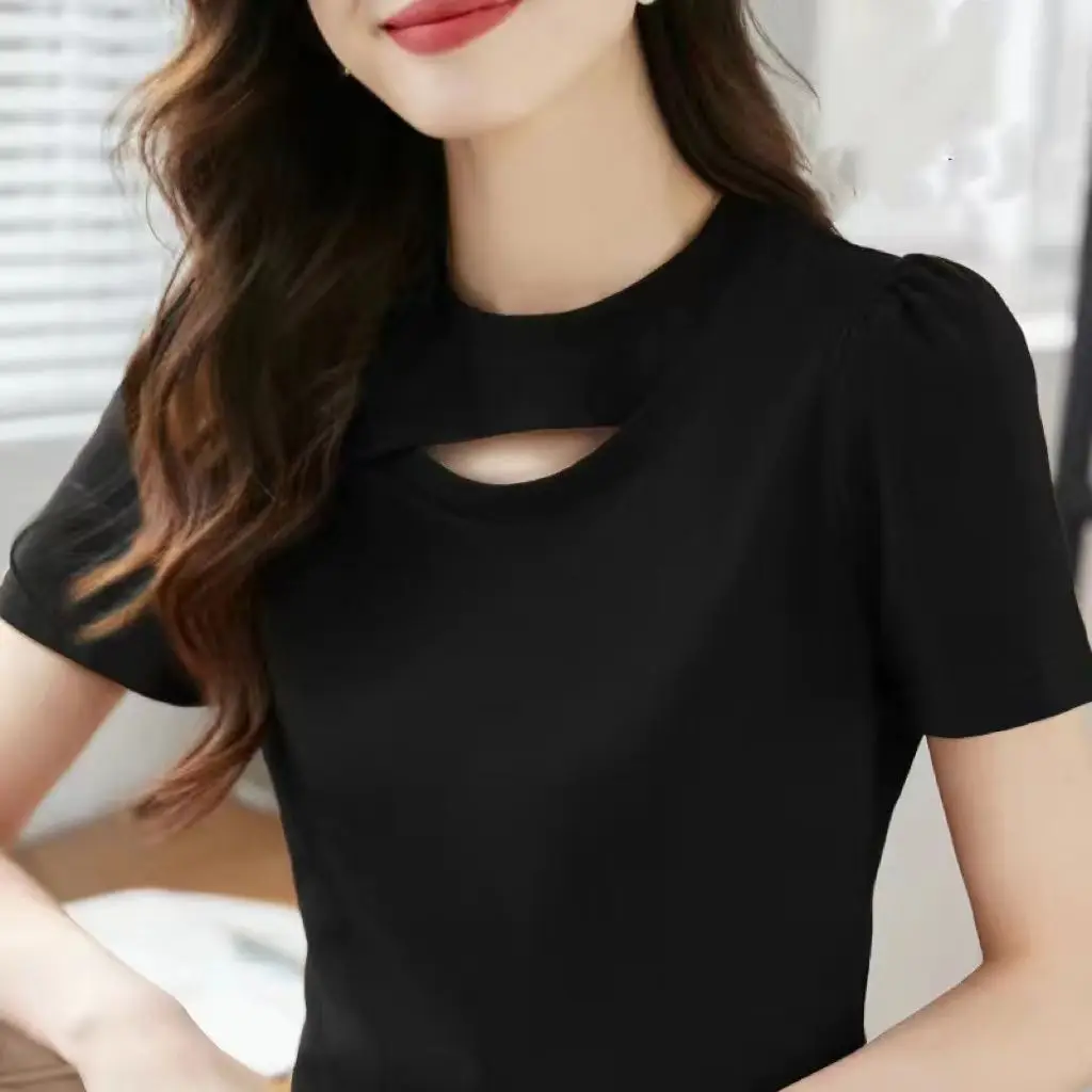 New Summer Fashion Simple Elegant High End Cotton Short Sleeved T-shirt Women\'s Solid Round Neck Patchwork Hollow Out Slim Tops