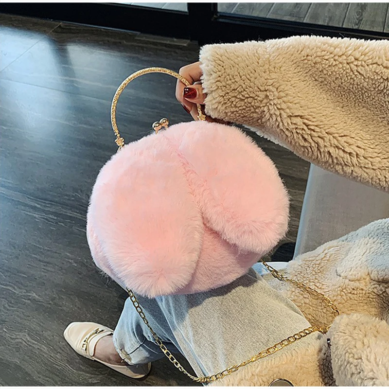 Weiche, flauschige Plüsch-Handtasche mit Henkel, niedliche Umhängetasche mit Hasenohren und Kette, warme Winter-Clutch, leichte Handytasche – Detail 6