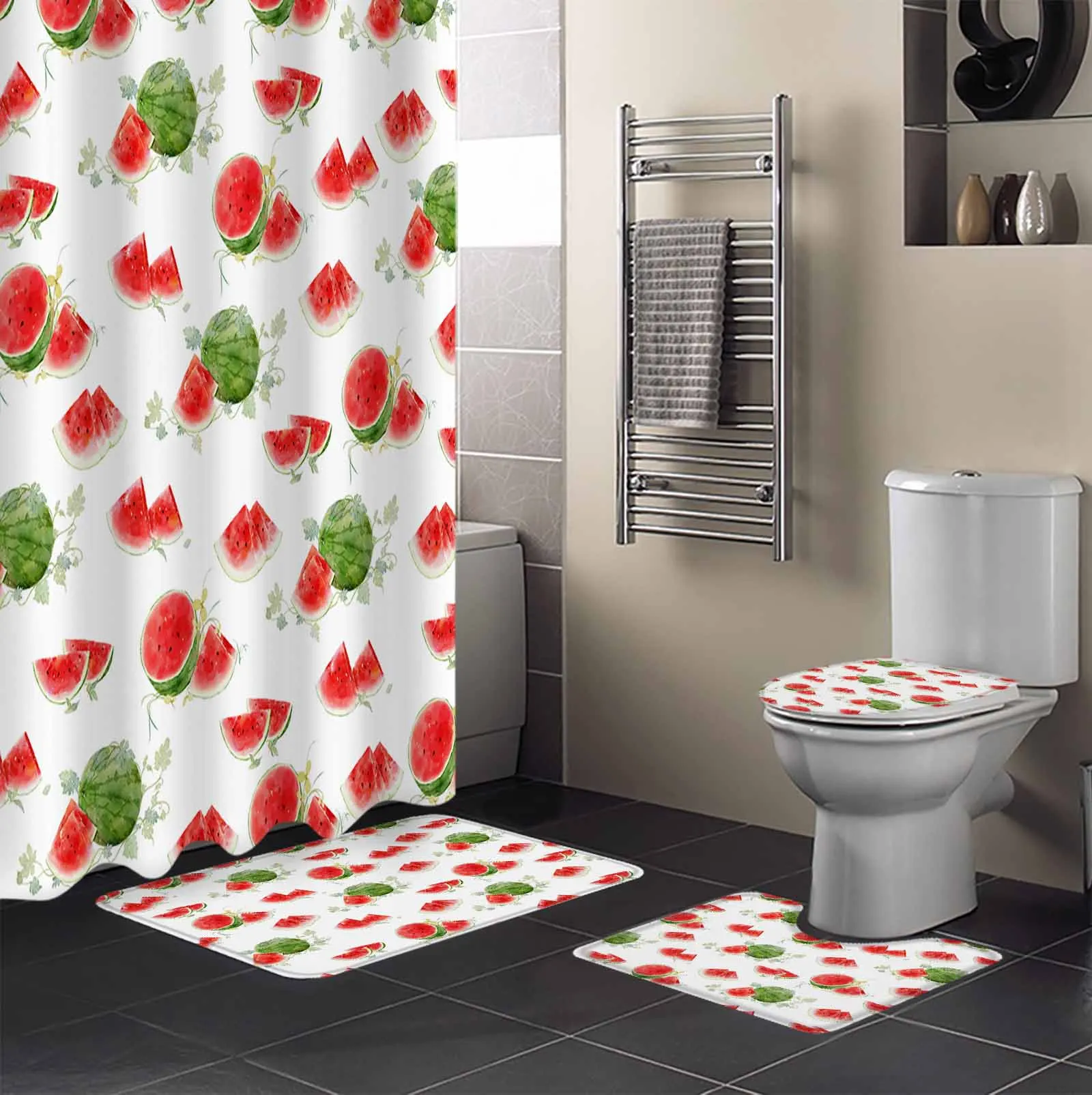 Summer Fruit Watermelon Shower Curtain Non-Slip Rugs Toilet Lid Cover and Bath Mat Bathroom Curtains with Hooks