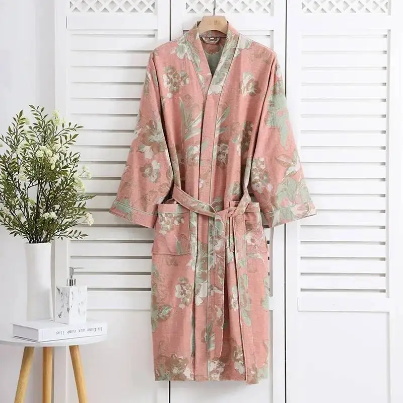 

Multi Colors Long Sleeve Cotton Bathrobe With Double Pockets And Belt Pamas Clothes For Couples Absorbent Kimono Robes