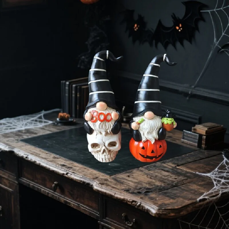 Halloween Gnome Skull Pumpkin Resin Ornaments Set Spooky Halloween Party Desktop Figurines Home Decor For Tabletop Display Use