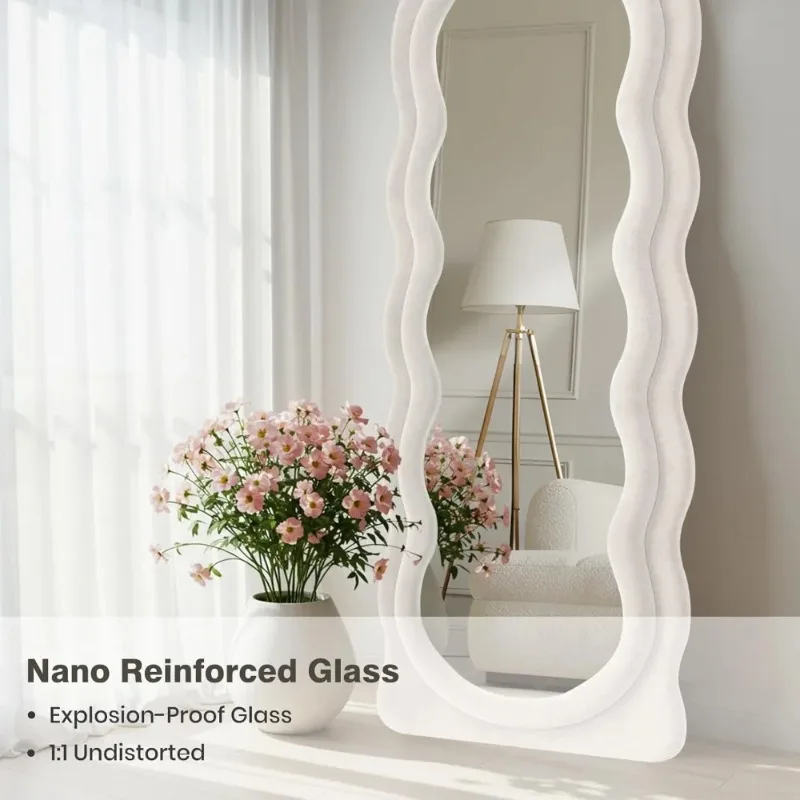 Full Length Mirror 63x24 Arched Wavy Full Body Wall Mounted Floor Mirror with Stand Ivory Flannel Frame Leaning Hanging