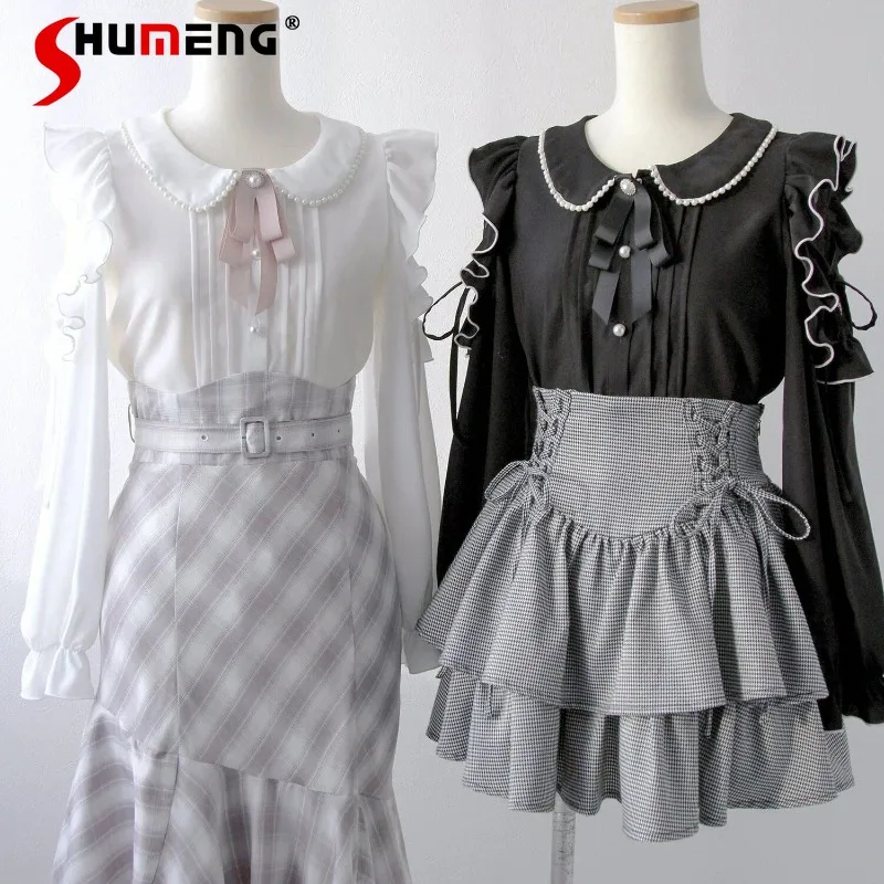 

Autumn New Japanese Solid Shirt Elegant Lace Patchwork Off Shoulder Ruffle Blouse Bow Pearl Decor Casual Tops For Women's Blusas