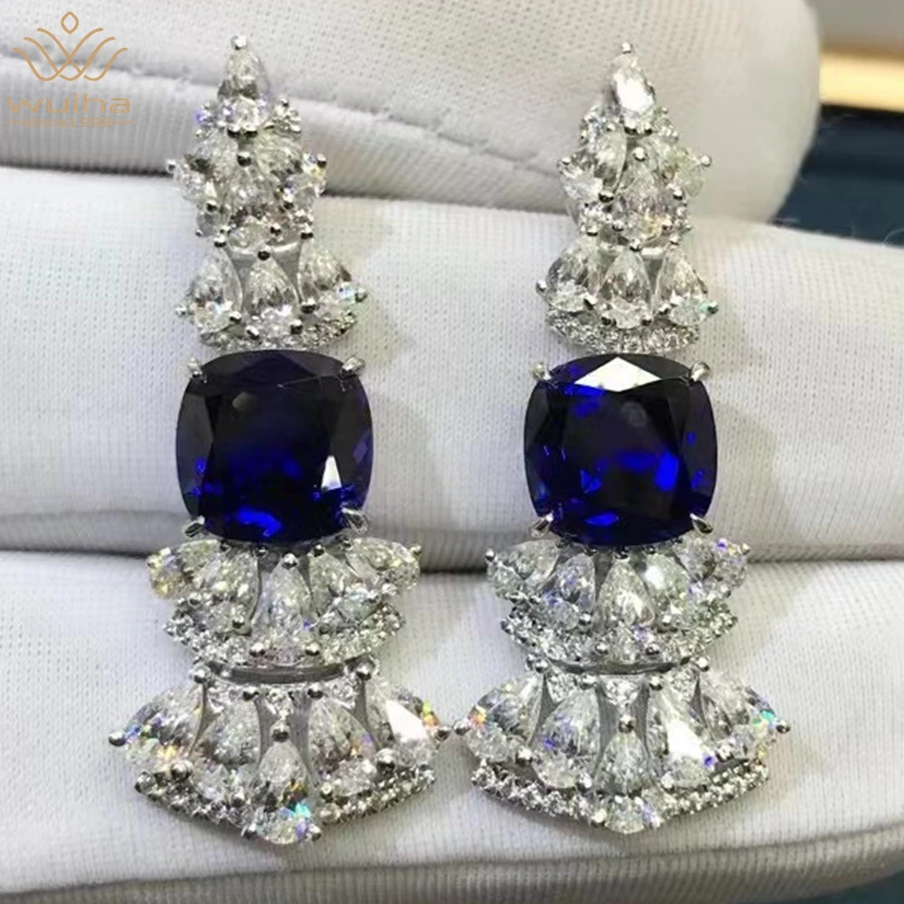 

WUIHA 9K Solid White Gold Cushion Cut 8.25CT GRC Sapphire High Carbon Diamond Wedding Drop Earrings for Women Gift Drop Shipping