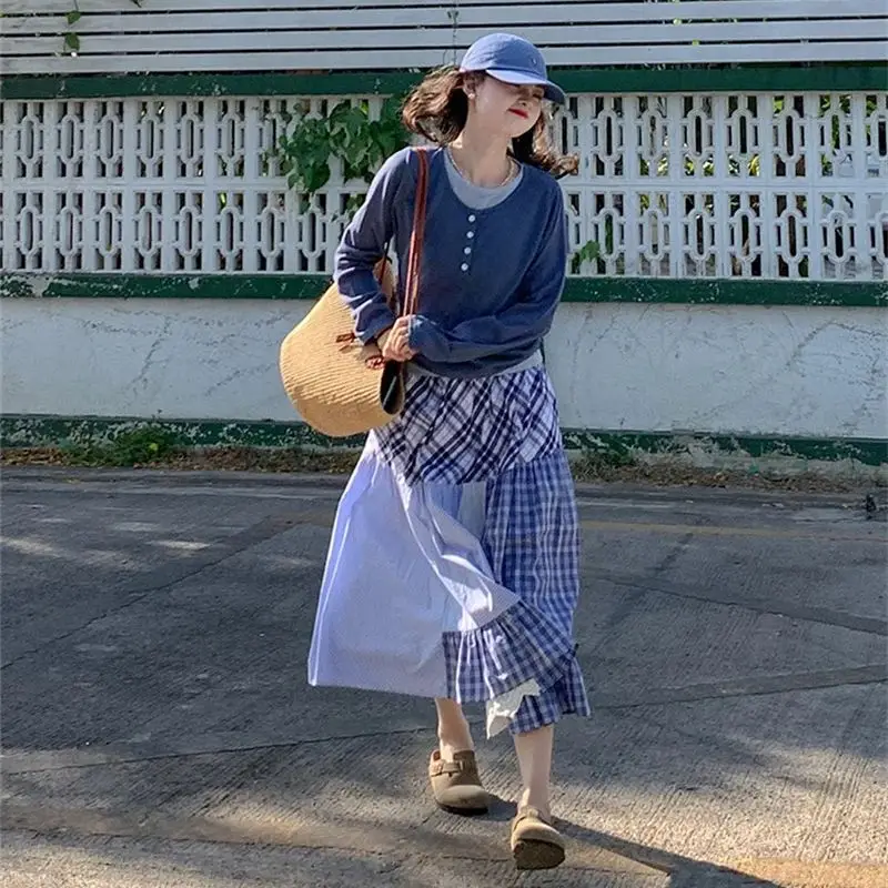 ใหม่ Elegant กระโปรงลายสก๊อตผู้หญิงฤดูร้อนลูกไม้ Patchwork A-Line เอวสูง Ruffled Vintage Midi กระโปรง Contrast สีเสื้อผ้า