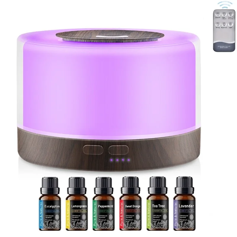 

Stylish Wood Grain Diffuser Set - 500ml Cool Mist Humidifier with Remote, 7 LED Colors & 6 Essential Oils for Home/Office