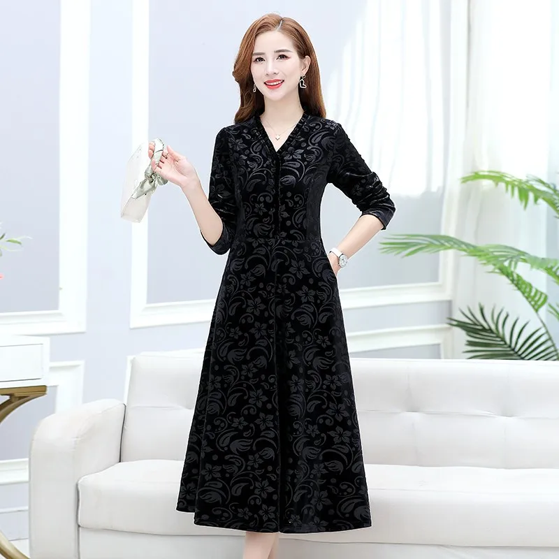 الرجعية النقش المخملية فستان طويل مكتب المرأة سيدة أنيقة طويلة الأكمام الخامس الرقبة الفطر فساتين خمر ألف خط ماكسي Vestidos Muje #4