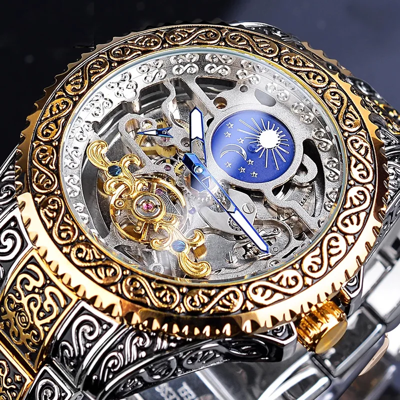 

smvp Tourbillon Watch for Men Mechanical Skeleton Mens Watches Top Brand Luxury Engraved Vintage Moon Phase Steel Strap