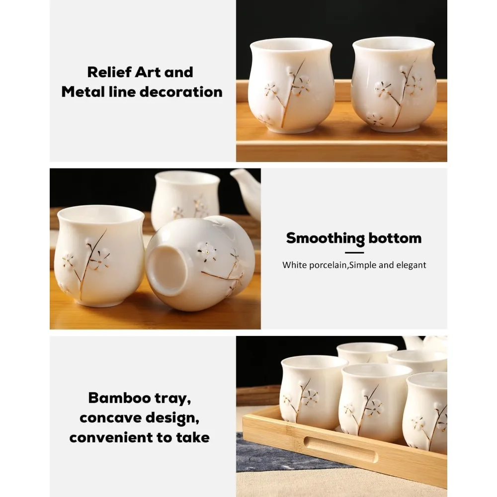 Japanese White Porcelain Tea Set with Teapot 6 Cups Tray Stainless Infuser Plum Design - view 4