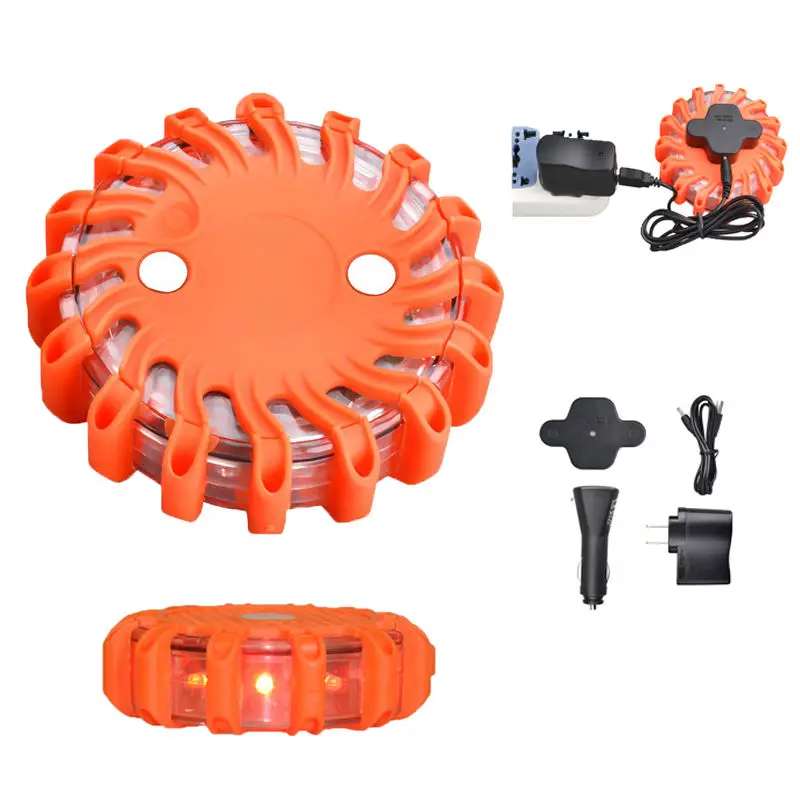 

LED Road Flares Flashing Emergency Warning Light Rechargeable Waterproof Roadside Safety Disc Magnetic Base Flashing Flare Kit