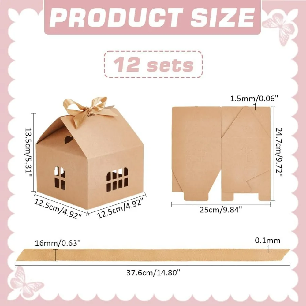 House Shaped Gift Boxes 12 Sets Tan Kraft Paper Boxes with Ribbons Cookie Bakery Boxes Cardboard Treat for Christmas
