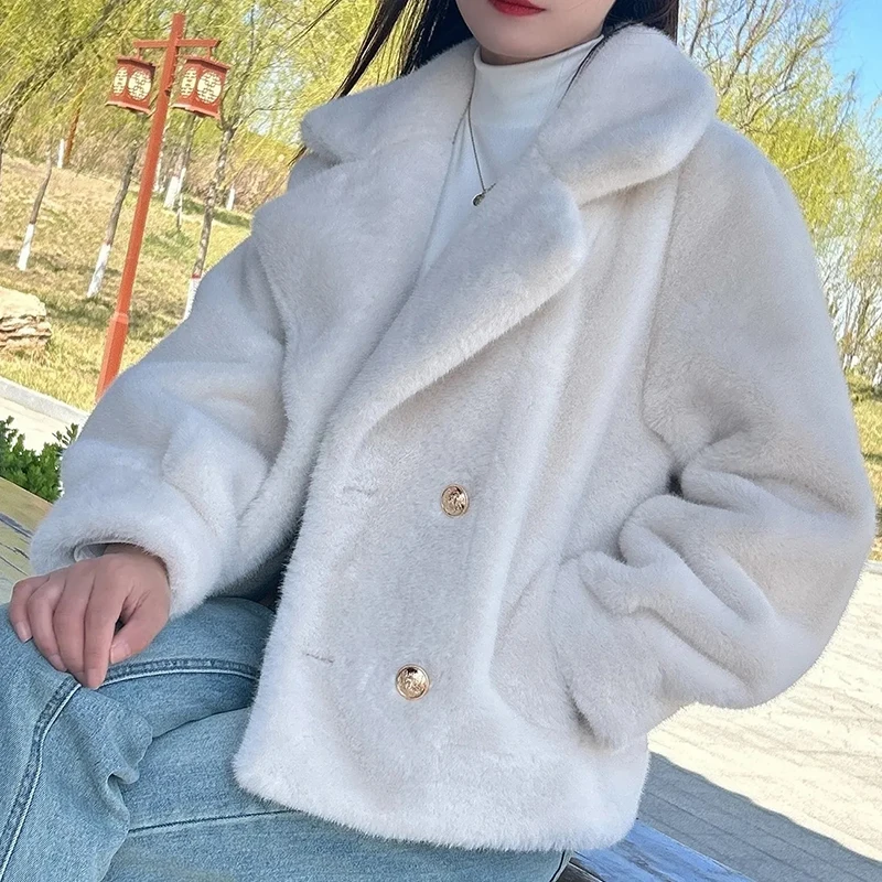 

Winter Thicken Elegant Coats Women Solid Plush Office Lady Double Breasted Jacket Fashion Imitation Mink Velvet Casual Outwear