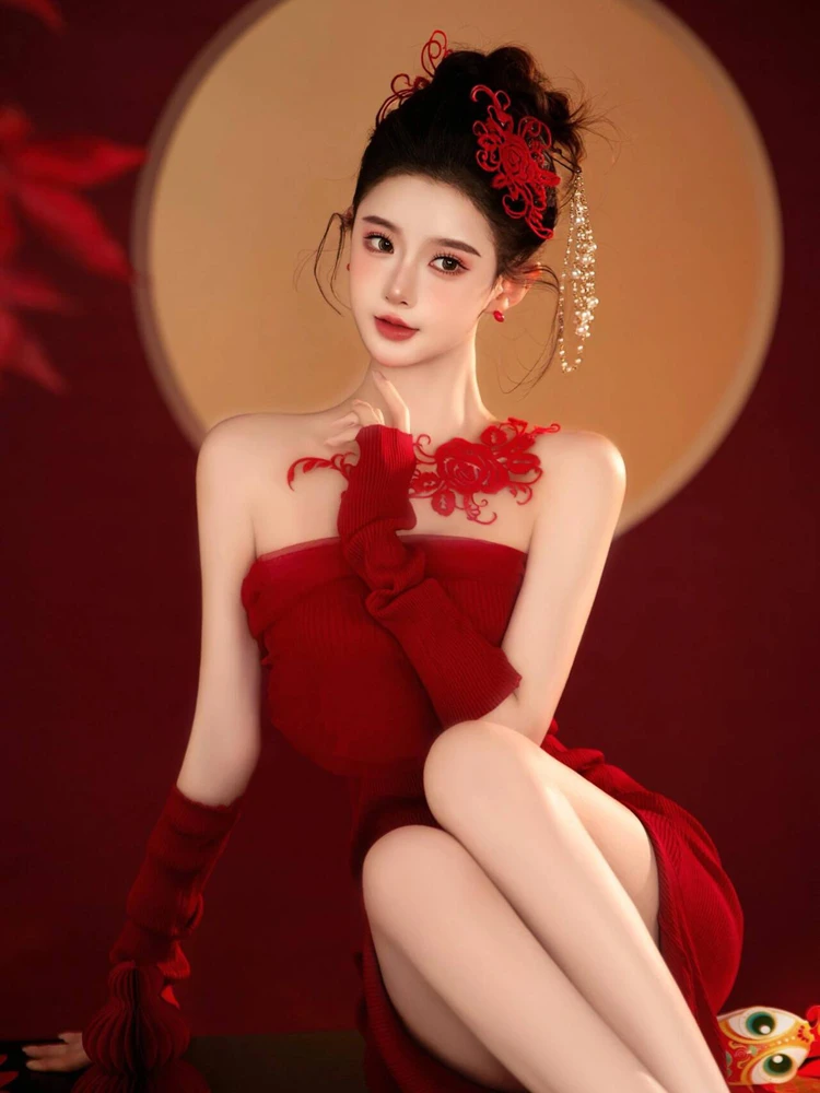 

2026 New Vintage Chinese Photography Costume Art Atmosphere Red New Year Studio Personal Portrait Clothing