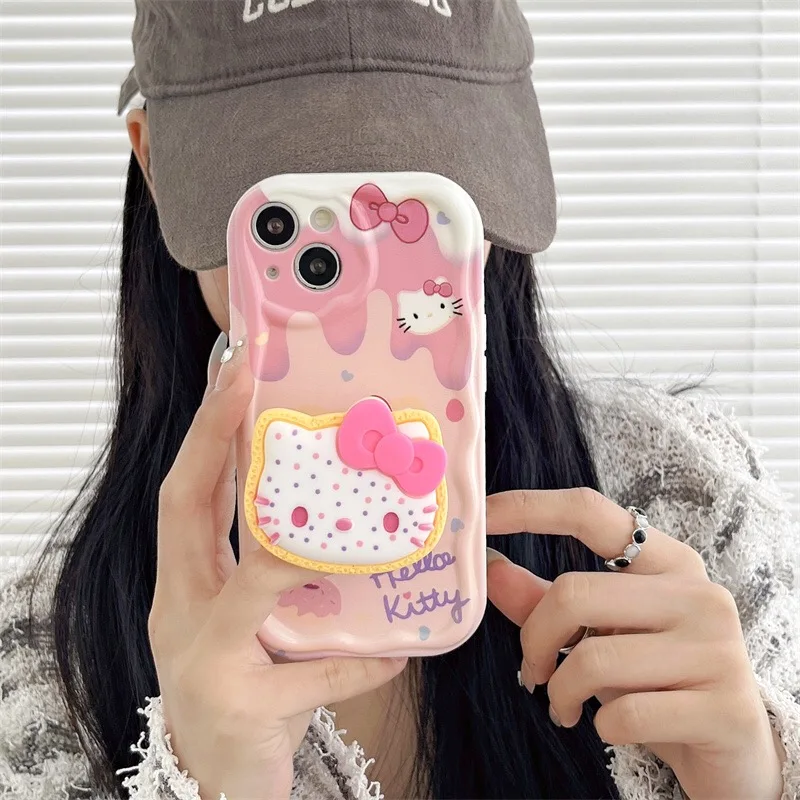 Hello Kitty Grip Tok Holder 3D Wave Case For OPPO A98 A94 A93 A92 A79 A78 A76 A58 A57 A55 A38 A33 A17 A16 A15 2020 4G 5G Cover