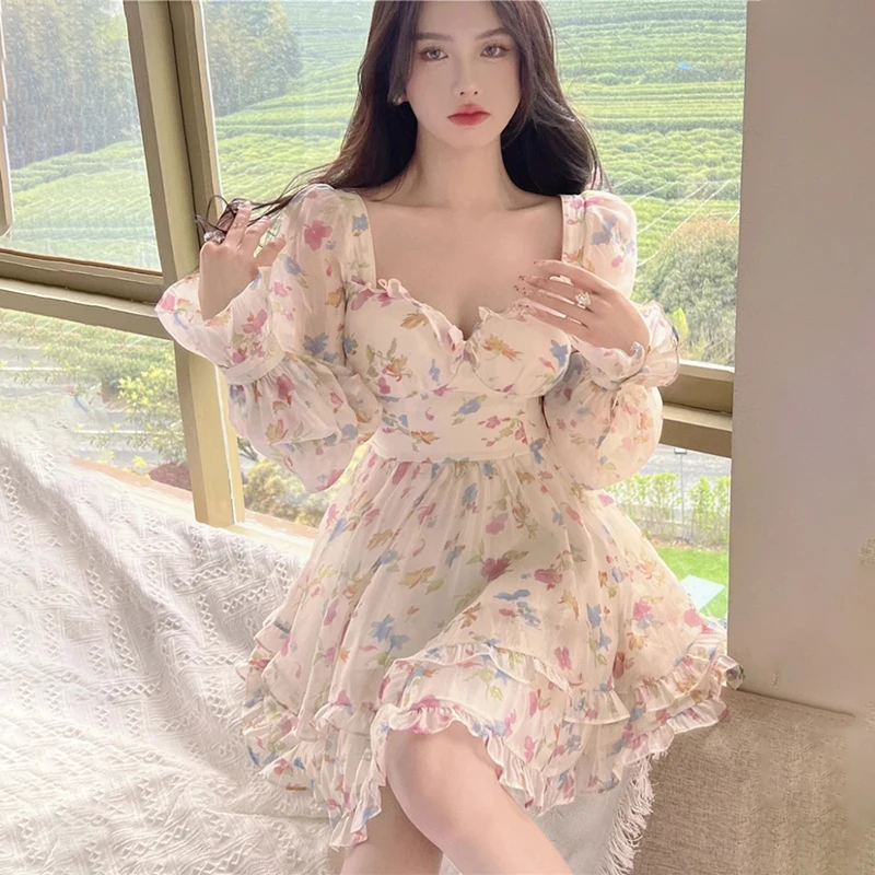 Sweet Girl Straight Shoulder Floral Chiffon Dresses Women Korean Style Elegant Long Sleeve Ruffles Party Mini Skirts Female