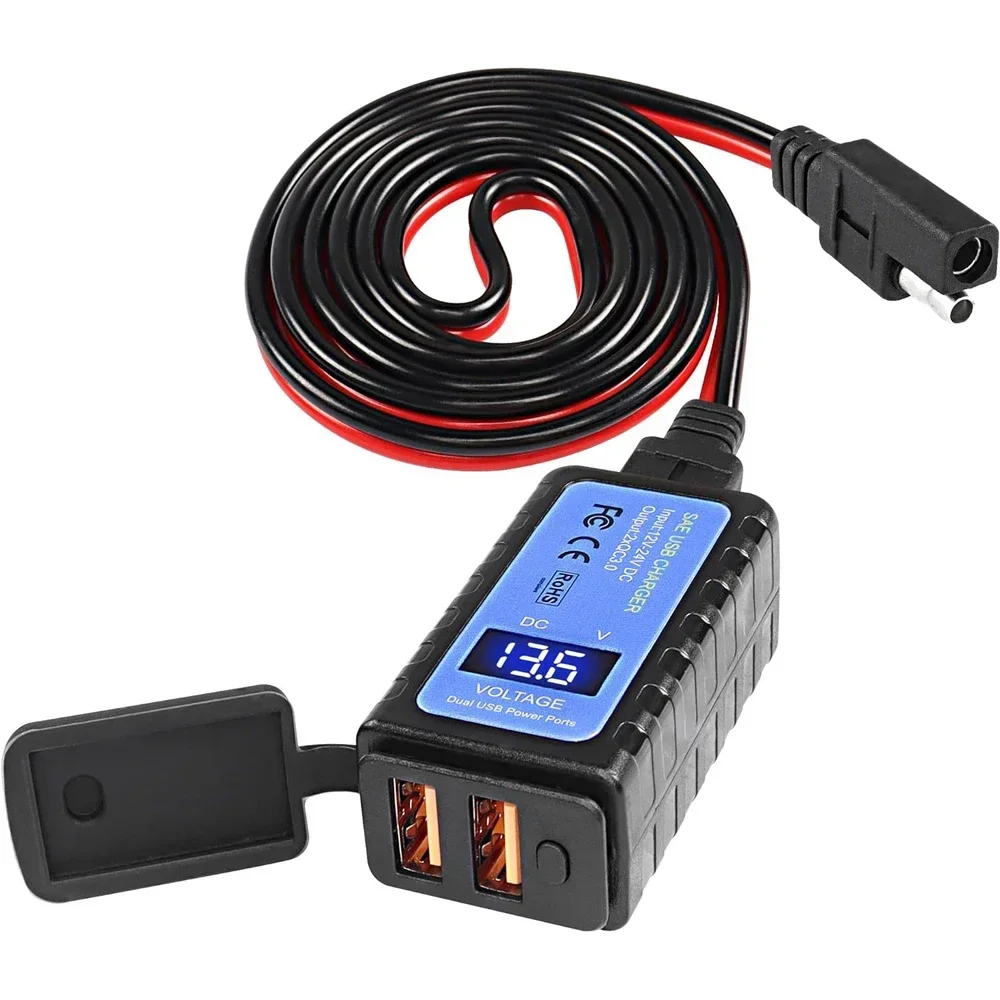 Pengisi daya sepeda motor 36W USB SAE ke USB ganda QC3.0 pengisi daya Voltmeter ON/Off saklar 100CM kabel tahan air aksesori motor