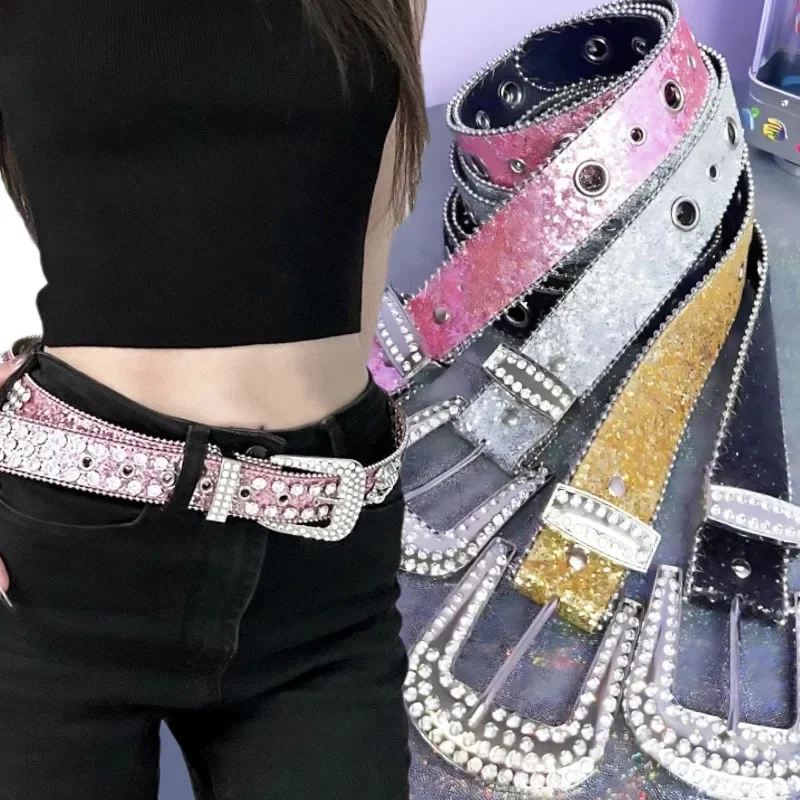 Full Rhinestone Belts For Women Men Fashion Diamond Bling PU Metal Buckle Pin Waist Belt Leisure Dress Jeans Wild Waistband