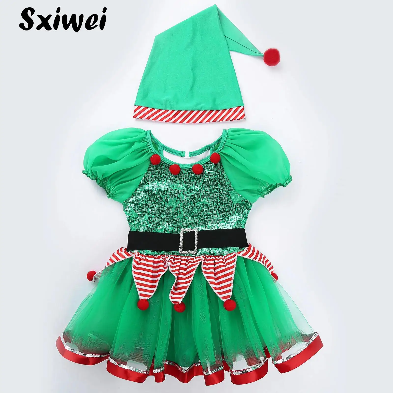 

Green Sequins Christmas Elf Dress with Hat Outfits Kids Girls Candy Cane Striped Mesh Tutu Skating Ballet Dance Leotard Dress