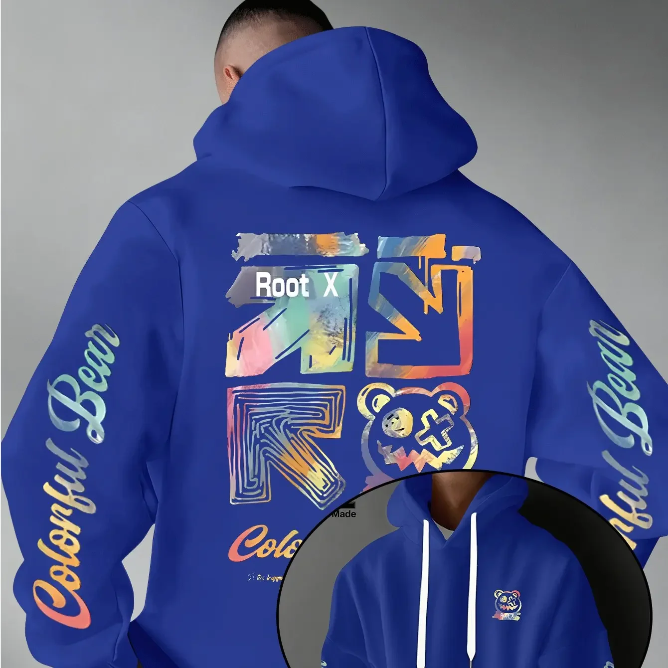 Men Thick Warm Hoodie Rainbow Splash Graffiti Root X Bear Colorful Bear Sleeve Text Print Urban Street Daily Commute Pullover