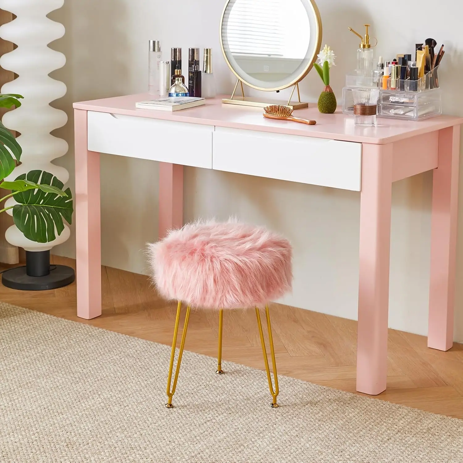 

Ibuyke Faux Fur Vanity Stool Chair, Furry Makeup Stool Ottoman, Soft Padded Seat, Round Footrest Footstools With 4 Metal Legs,