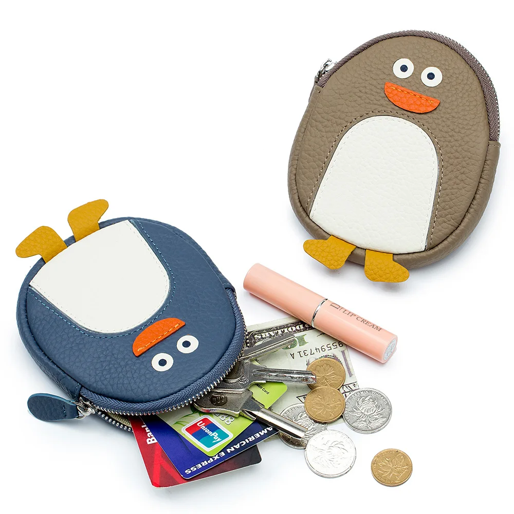 

Genuine Leather Short Coin Wallet Card Holder Bag Case Cute Penguin Cowhide Purse For Student Women Key Lipstick Earphone Pouch